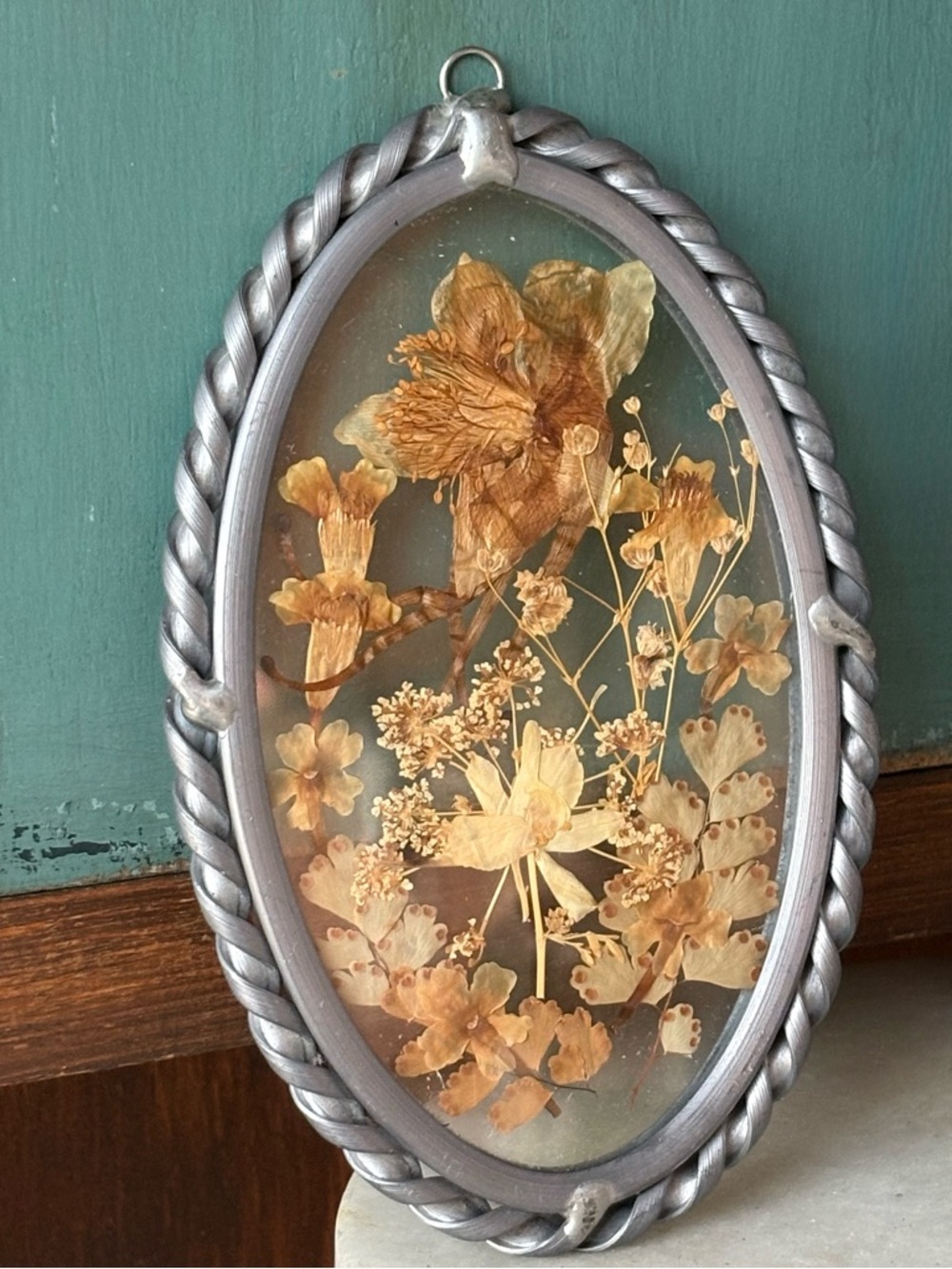 Vintage 70’s Pressed Flower Oval Pewter & Glass Botanical Suncatcher